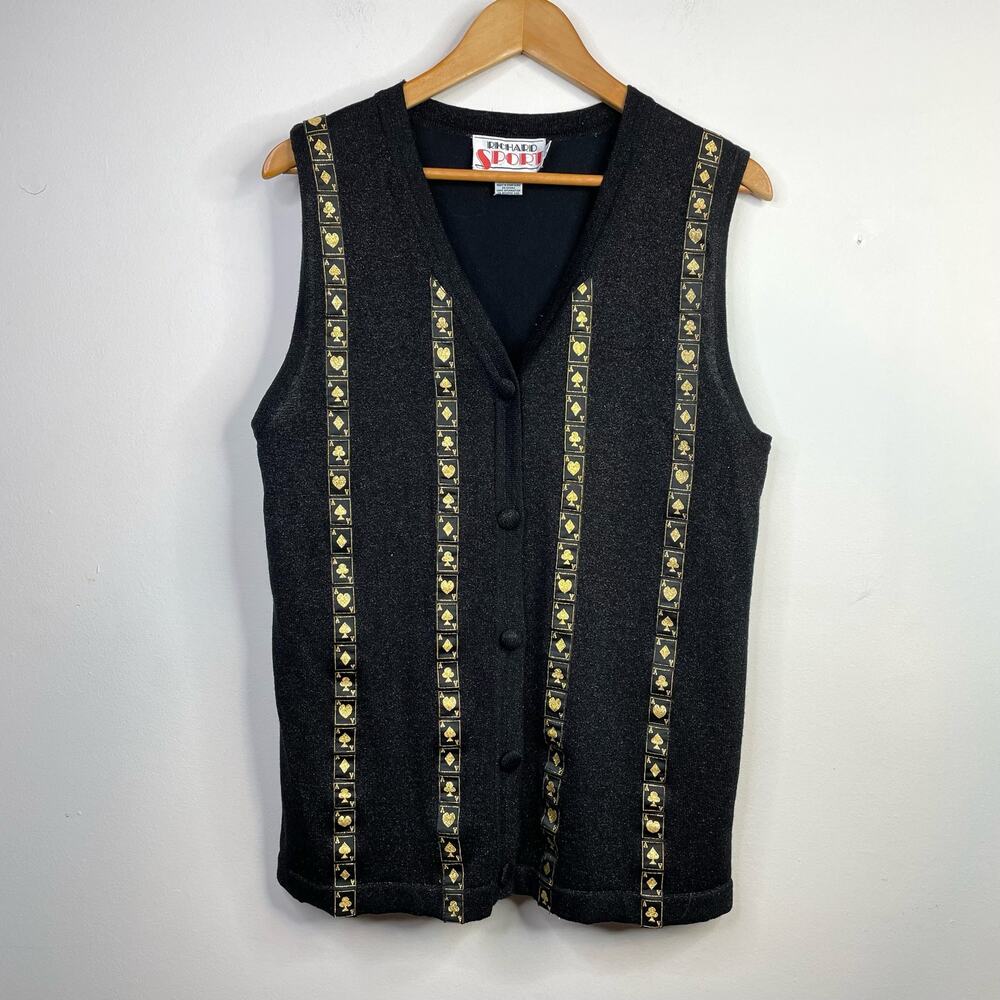 Vintage Richard Sport Metallic Black Aces Playing Cards Vegas Sweater Vest S